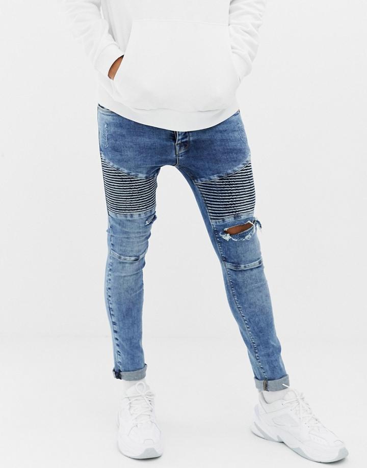 Voi Jeans Super Skinny Biker Jeans In Light Blue - Blue