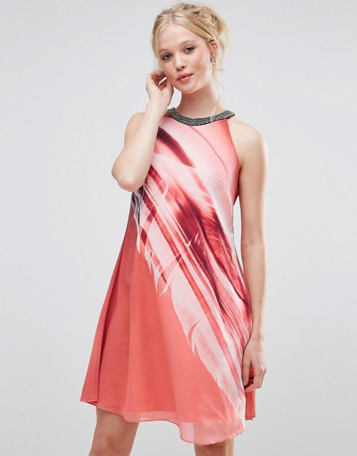 Little Mistress Feather Print Embellished Shift Dress - Red