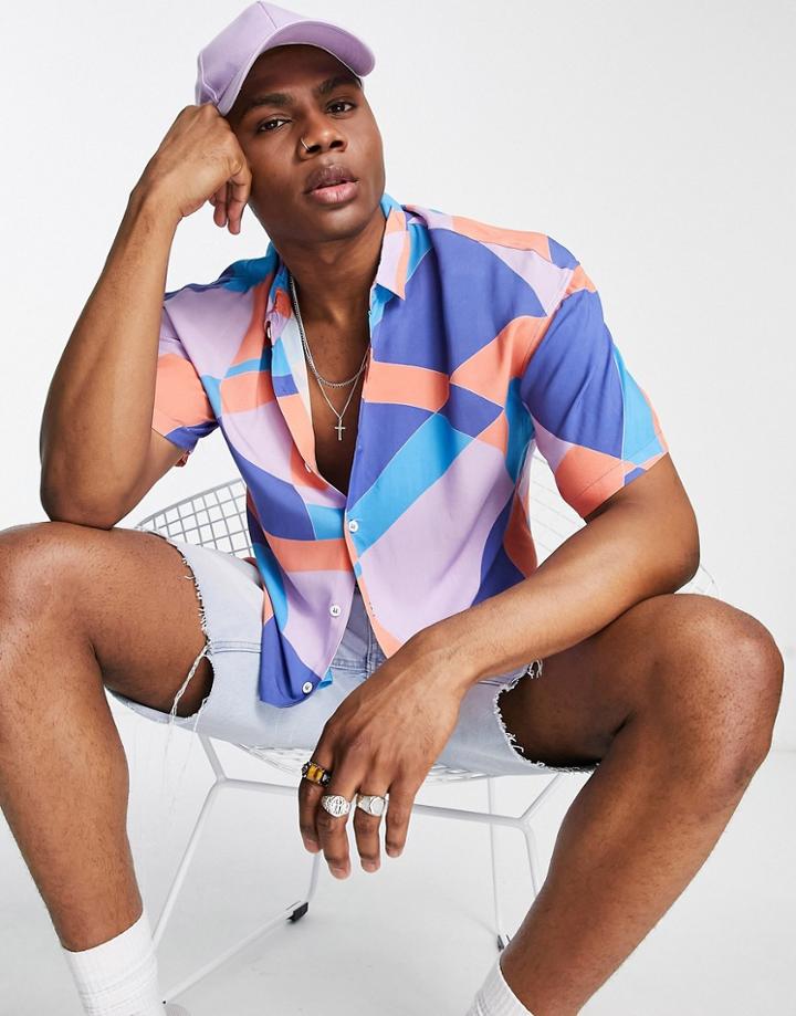 Bershka Short Sleeve Geometric Print Shirt In Multi