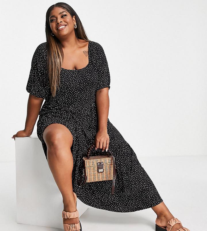 Yours Square Neck Midi Dress In Black Polka Dot