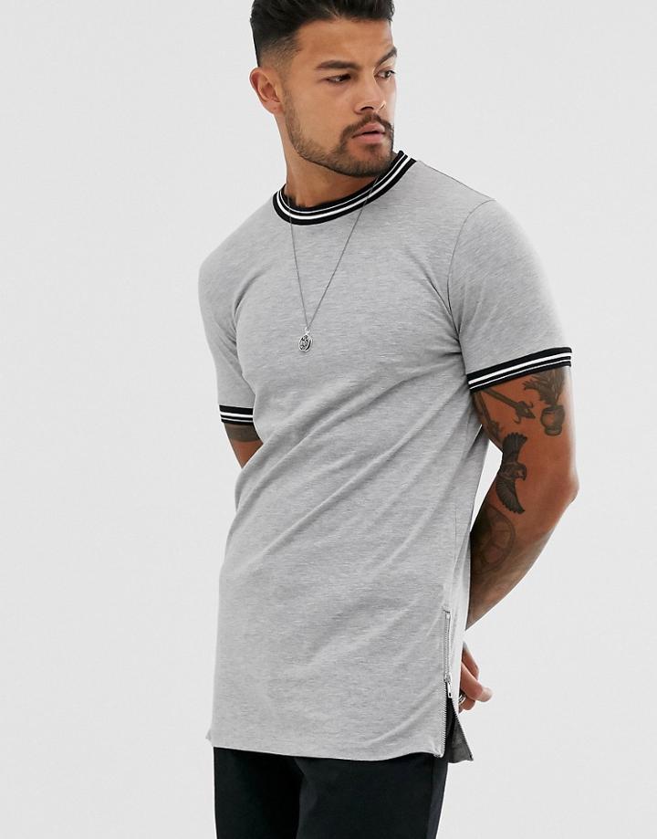 Asos Design Skinny Longline T-shirt With Stretch And Tipping And Side Zips In Gray Marl - Gray
