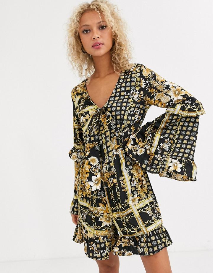 Forever U Satin Romper In Black Chain Print-multi