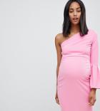Asos Maternity Crepe One Shoulder Drama Sleeve Midi Dress-pink