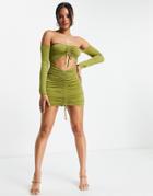 Flounce Bardot Ruched Mini Dress In Olive-green
