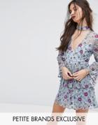 Frock And Frill Petite Allover Premium Embroidered Sequin Ruffle Skater Dress With Bell Sleeves - Blue