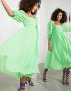 Asos Edition Organza Empire Midi Dress With Full Skirt In Bright Green