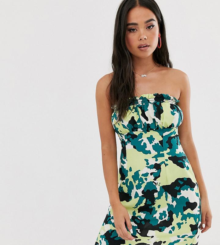 Reclaimed Vintage Inspired Bandeau Dress With Shirred Ruffle In Camo Print-multi