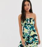 Reclaimed Vintage Inspired Bandeau Dress With Shirred Ruffle In Camo Print-multi