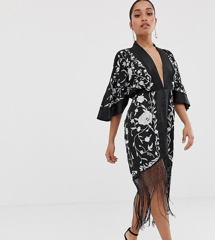 Asos Design Petite Kimono Mini Dress In Embroidered Floral And Fringe Hem-multi
