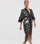 Asos Design Petite Kimono Mini Dress In Embroidered Floral And Fringe Hem-multi