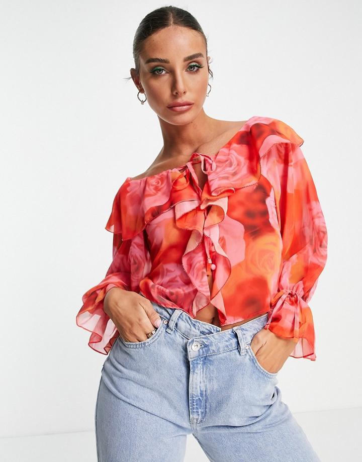 Asos Design Ruffle Front Blouse With Tie In Blurred Rose Print-multi
