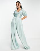 Asos Design Exaggerated Sleeve Satin Jumpsuit In Sage Green