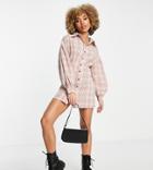 Missguided Cinched Waist Shirt Mini Dress In Pink Check-multi