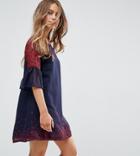 Yumi Petite Frill Sleeve Shift Dress In Leaf Border Print - Navy