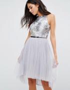 Little Mistress Jacquard Dipped Hem Mesh Dress - Silver
