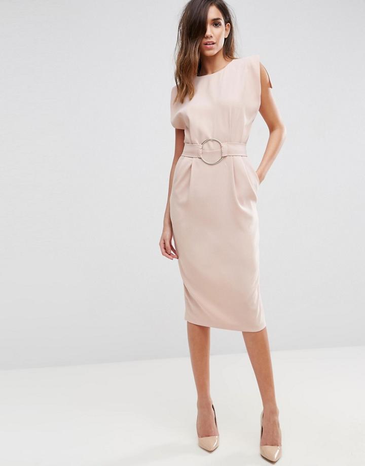 Asos Split Cap Sleeve Midi Dress With Modern Ring Belt - Pink