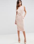 Asos Split Cap Sleeve Midi Dress With Modern Ring Belt - Pink