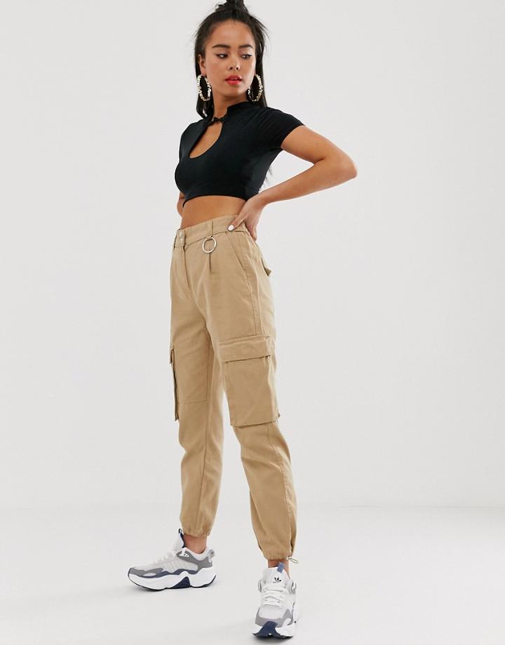 Bershka Drawstring Hem Pants In Camel-beige