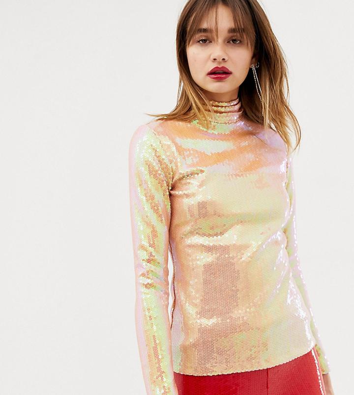 Warehouse X Ashish Sequin Funnel Neck Top In Pink - Beige