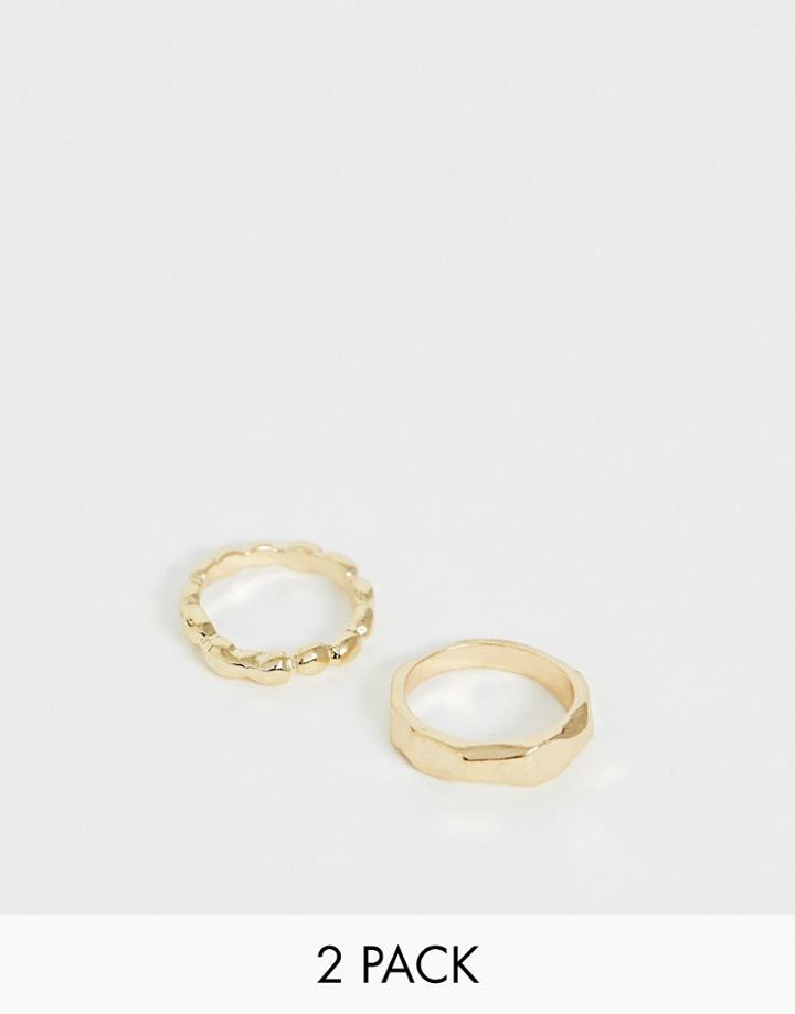 Asos Design Pack Of 2 Rings In Worn Ball And Geo Design In Gold Tone - Gold