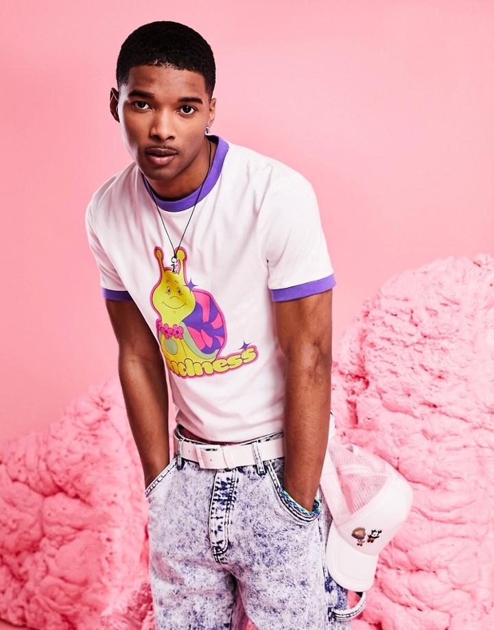 Asos Design Slim Shrunken Fit T-shirt With Contrast Ringer & Cartoon Print In Off White