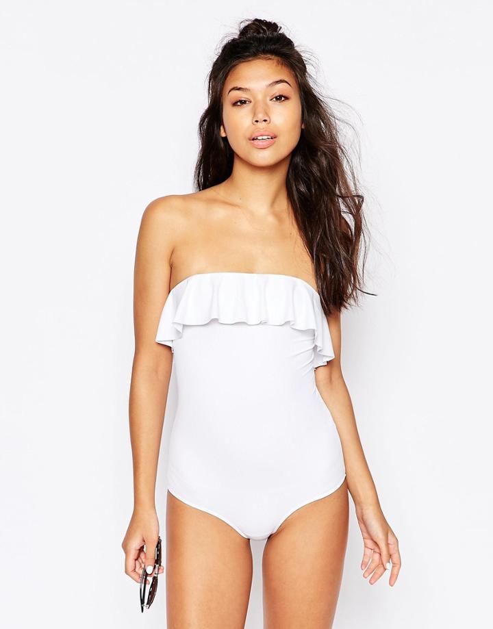 Monki Bandeau Ruffle Swimsuit - White