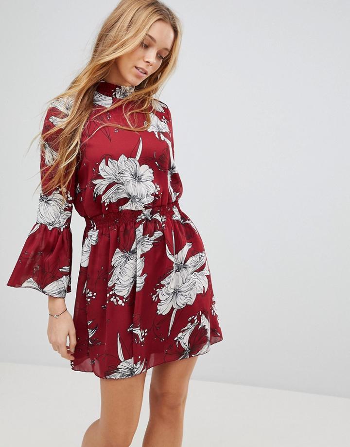 Parisian High Neck Floral Printed Dress - Red