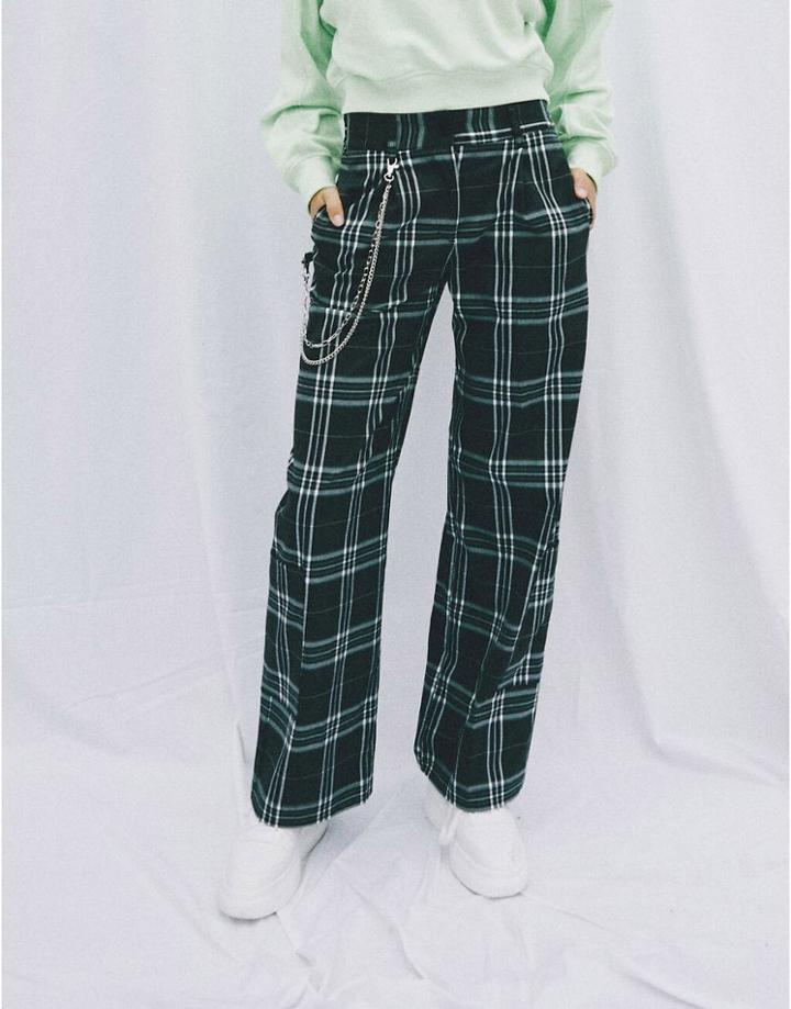 Bershka Wide Leg Plaid Pant In Black