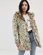 Qed London Single Breasted Animal Print Faux Fur Coat - Multi