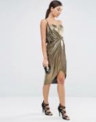 Asos Asymmetric Wrap Front Midi Metallic Dress - Gold