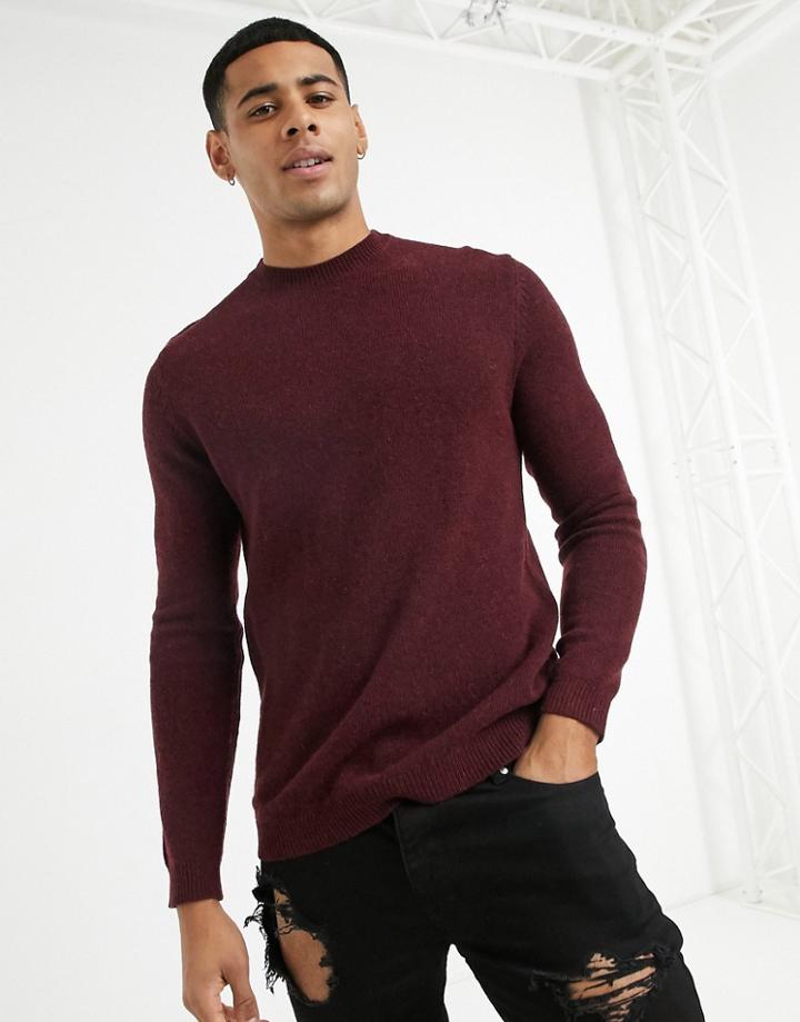 Asos Design Lambswool Crew Neck Sweater In Wine-red
