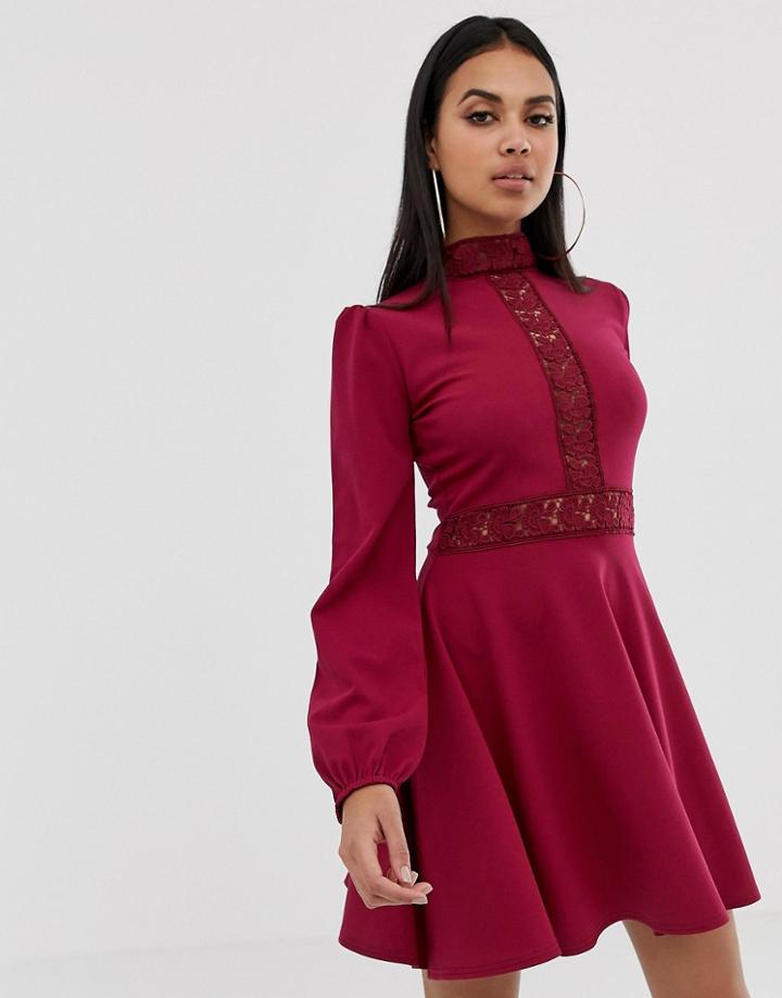 Prettylittlething Skater Mini Dress With Lace Panel Detail In Burgundy - Red