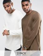 Asos 2 Pack Super Longline T-shirt In Brown/white With Curve Hem And Zips Save - Multi