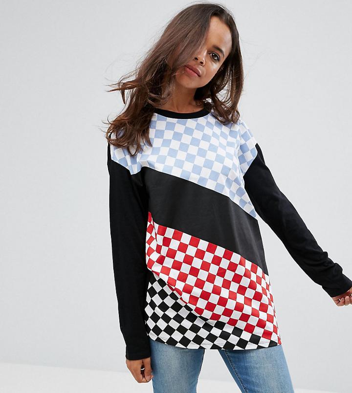 Asos Petite Top With Long Sleeve And Cut About Checker Board Print - Multi