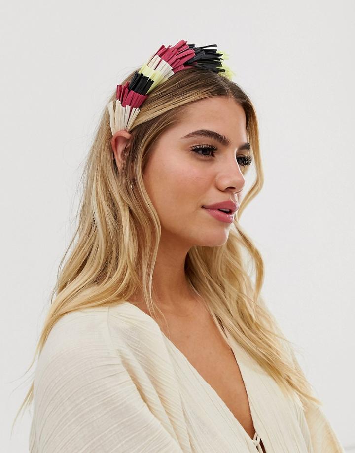 Asos Design Headband With Color Faux Raffia Fan Design - Multi