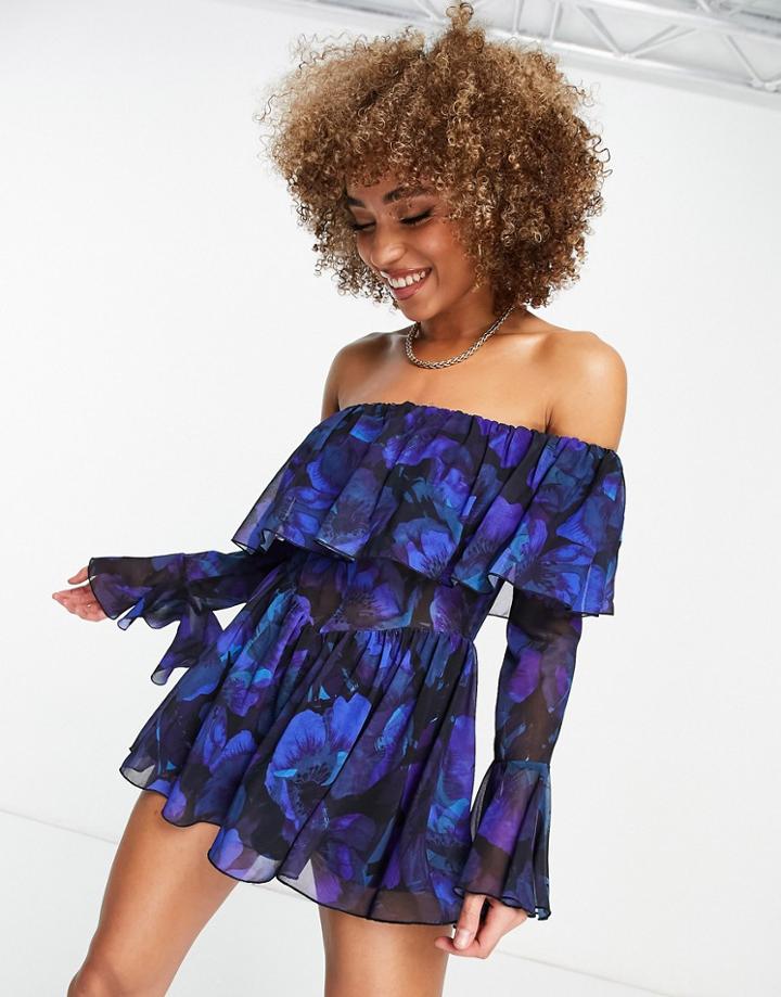 Asos Design Bardot Floaty Flared Chiffon Romper In Blue Floral-multi