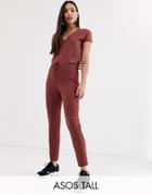 Asos Design Tall V Neck Lounge Wear Jumpsuit With Tie Waist-brown