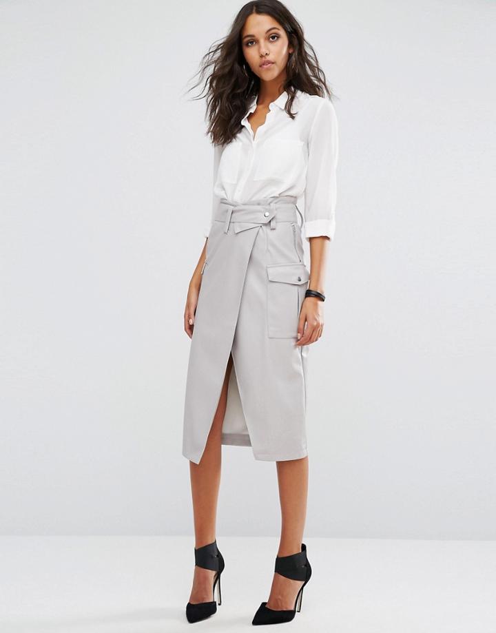 Asos Leather Look Pencil Skirt With Belted Waistband And Pockets - Bla