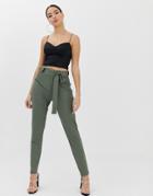 Boohoo Tapered Pants With Belted Waist In Khaki - Green
