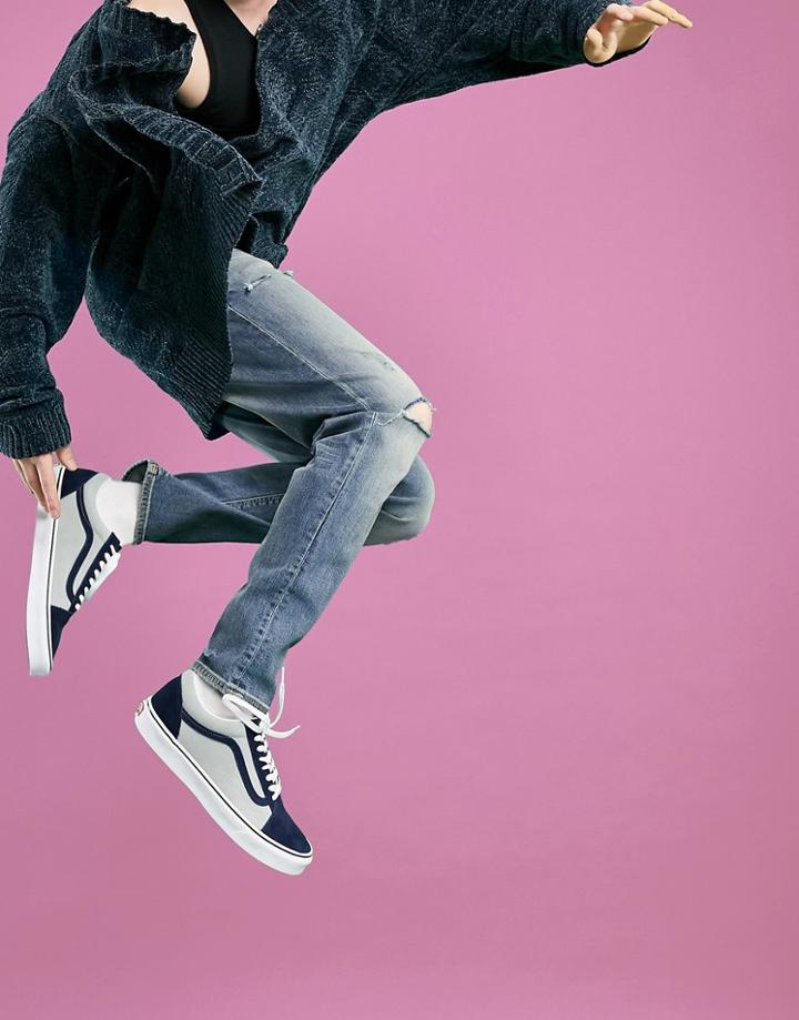 Asos Design Stretch Tapered Jeans In Dirty Mid Wash With Rips-blues