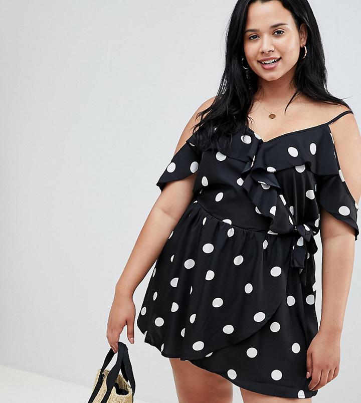 Brave Soul Plus Polka Dress With Cold Shoulder Frill - Black