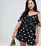 Brave Soul Plus Polka Dress With Cold Shoulder Frill - Black