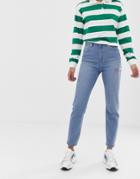 Asos Design Recycled Farleigh High Waist Slim Mom Jeans In Light Vintage Wash With Slash Thigh Rip - Blue