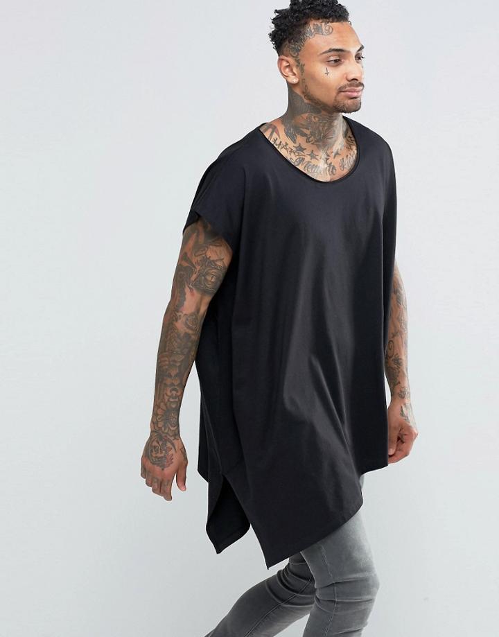Asos Extreme Oversized Drape T-shirt With Scoop Neck And Asymmetric Hem In Black - Black