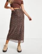 Motel 90s Midi Skirt In Brown Floral Mesh