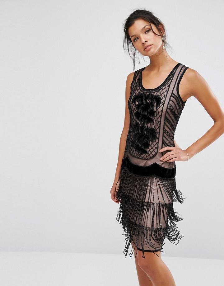 Frock And Frill Flapper Dress With Embellishment And Velvet Detail - Black