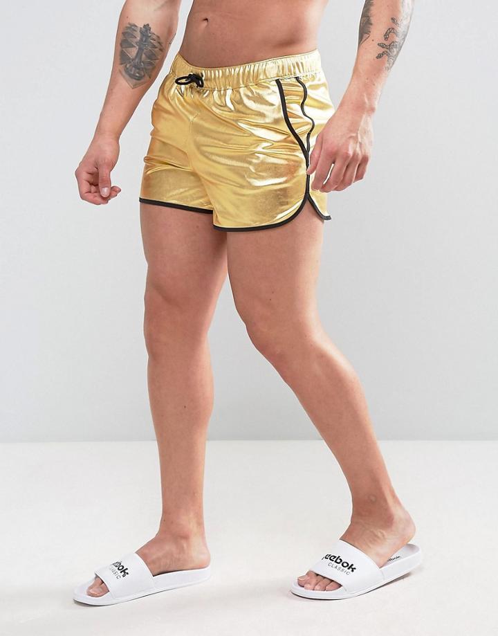 Asos Runner Swim Shorts In Gold Metallic In Short Length - Gold