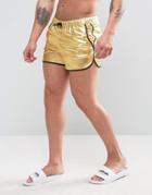 Asos Runner Swim Shorts In Gold Metallic In Short Length - Gold