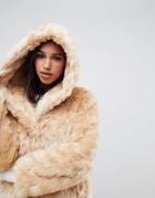 Asos Design Hooded Fluffy Faux Fur Coat-cream