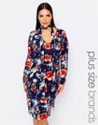 Club L Plus Midi Dress With Removable Scarf In Floral Print - Navy